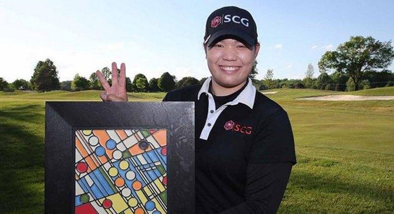 Ariya poses with her trophy from LPGA Volvik Championship win early today