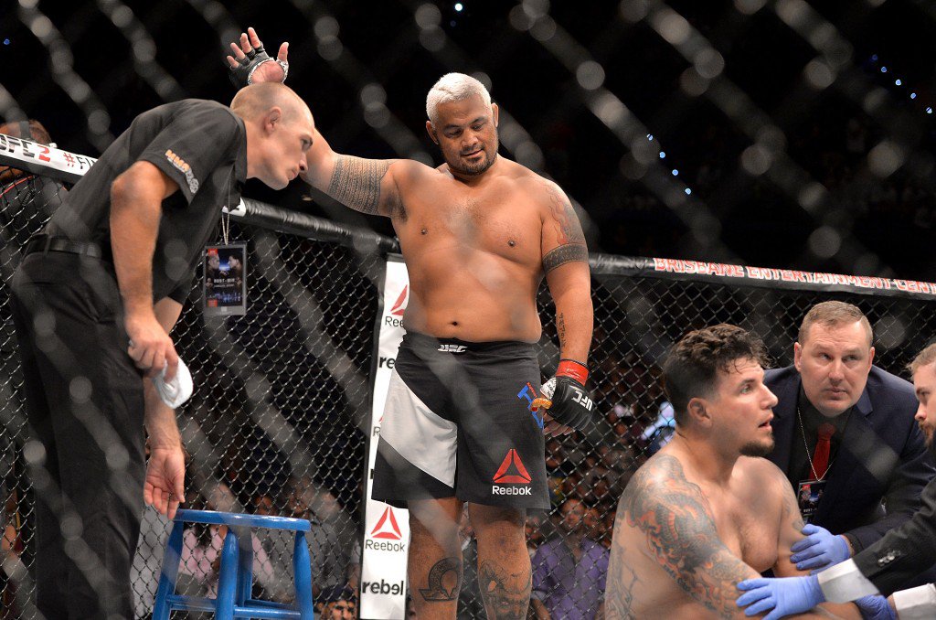 BRISBANE AUSTRALIA- MARCH 20 Mark Hunt celebrates his victory against Frank Mir during their UFC Heavyweight Bout at UFC Brisbane