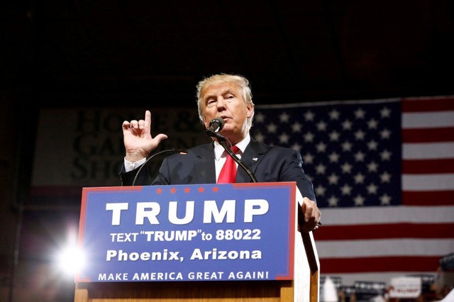 Republican U.S. Presidential candidate Donald Trump speaks at a campaign rally in Phoenix Arizona