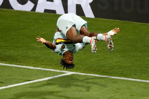 Belgium's Michy Batshuayi celebrates after scoring their second goal