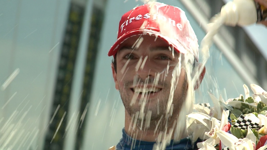 Rookie Alexander Rossi drinks milk after winning 100th running of Indianapolis 500