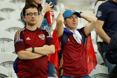 Football Soccer- Russia v Slovakia- EURO 2016- Group B- Stade Pierre-Mauroy Lille France- 15/6/16 Russia fans look dejected REUTERS  Gonzalo Fuentes