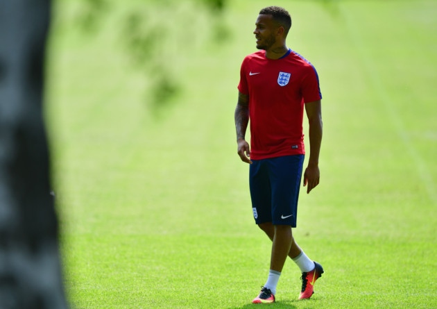 Ryan Bertrand looks on during an England training session