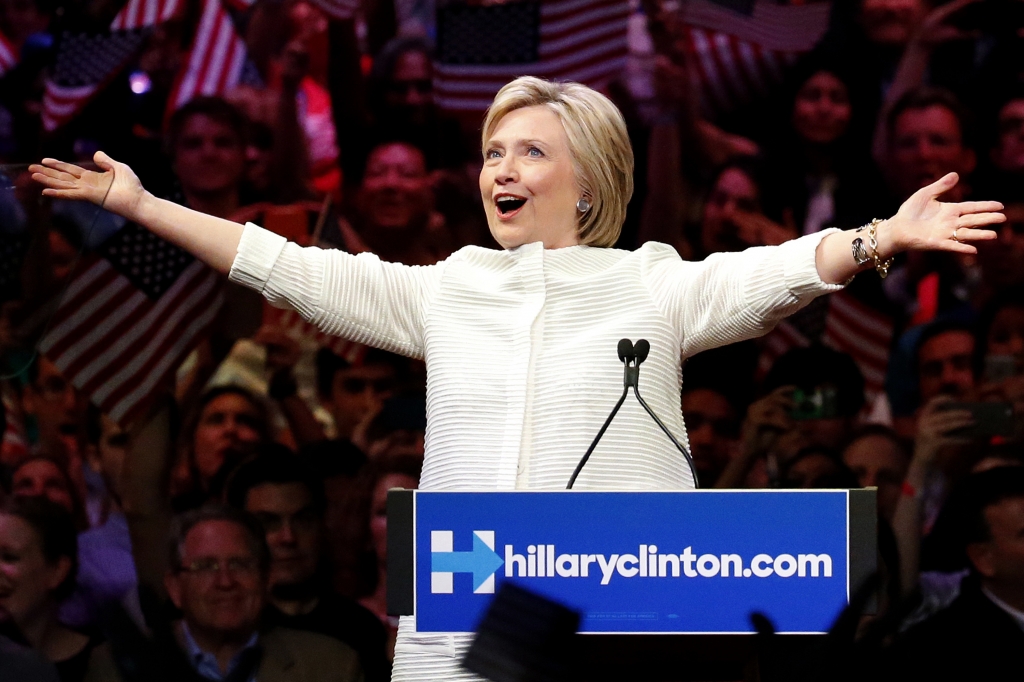 DEM 2016 Clinton Democratic presidential candidate Hillary Clinton gestures as she greets supporters at a presidential primary election night rally Tuesday