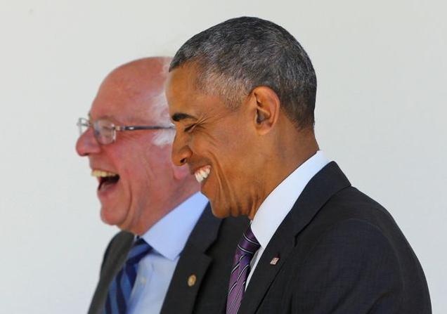 Democratic presidential candidate Bernie Sanders walks with US President Barack Obama to the Oval Office at the White House in Washington on Thursday.- Reuters