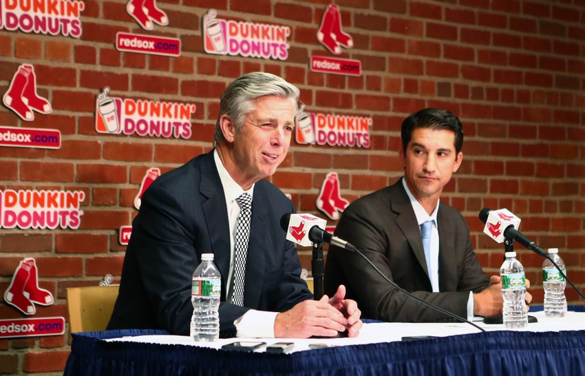 Sep 24 2015 Boston MA USA Boston Red Sox president of baseball operations Dave Dombrowski introduces Mike Hazen as the team