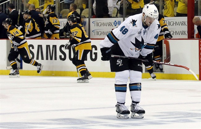 San Jose Sharks Tomas Hertl right skates off the ice after the Pittsburgh Penguins defeated the Sharks 3-2 in Game 1 of the Stanley Cup final series