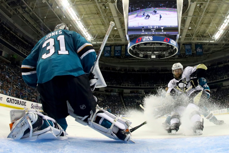 Getty  AFP  Bruce Bennett Martin Jones of the San Jose Sharks delivered his best performance of the championship series stopping 44 shots as the Sharks beat Pittsburgh 4-2 to keep their Stanley Cup hopes alive