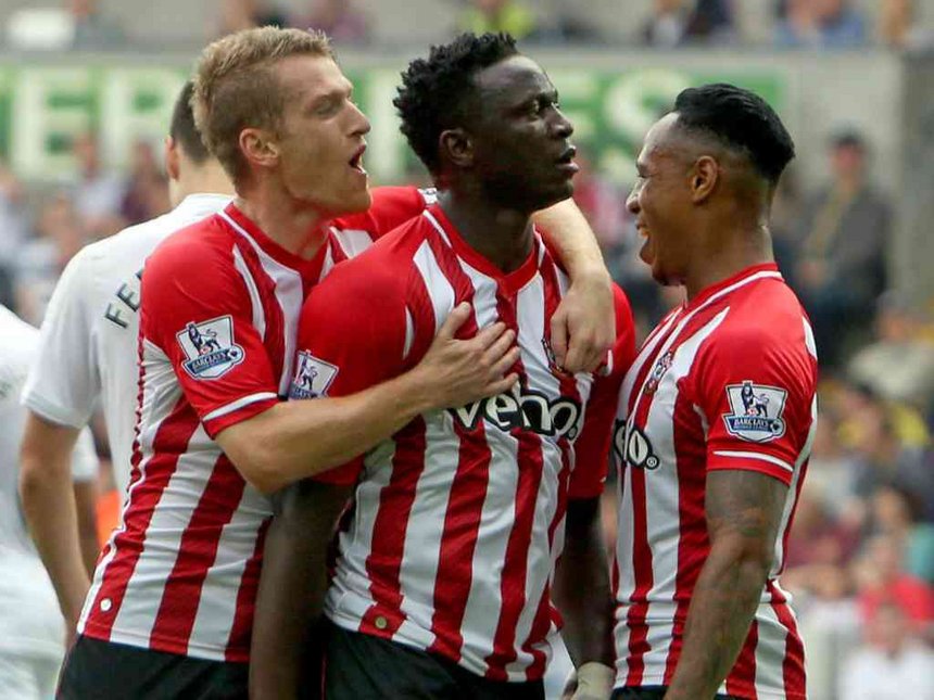 Southampton's Victor Wanyama celebrates scoring a goal against Swansea City during their English Premier League soccer match at the Liberty Stadium in Swansea Wales