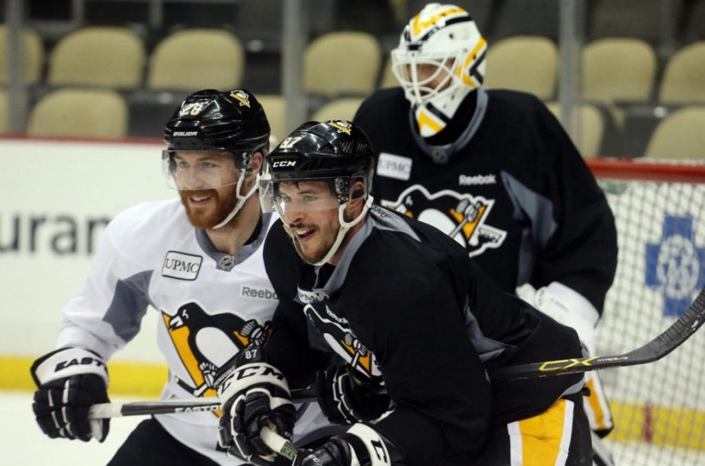 Rookie goalie Matt Murray takes part in practice on Sunday ahead of Game 1 of the Stanley Cup final of Monday. Murray has taken over the starter's role from veteran Marc Andre Fleury in these playoffs