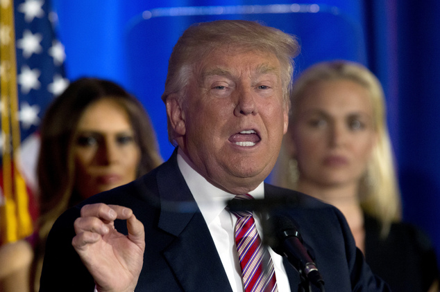 Republican presidential candidate Donald Trump is seen through the teleprompter as he speaks at the Trump National Golf Club Westchester Tuesday