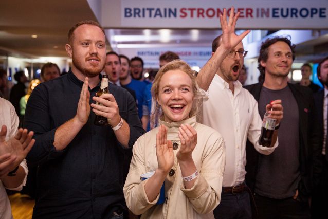 Supporters of the Stronger In campaign react after hearing results in the EU referendum