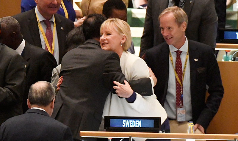 Sweden's Foreign Minister Margot Wallström celebrates the win