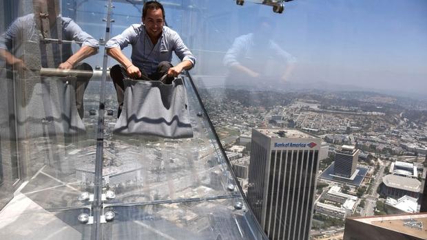 LA glass slide opens 1000ft up skyscraper