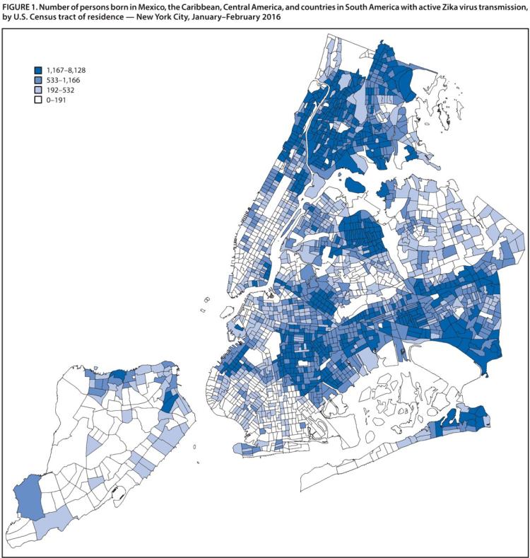 This map represents the number of people living in New York City and born in countries with active Zika virus transmission