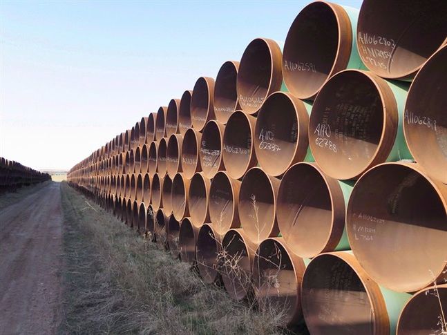 A yard in Gascoyne ND. which has hundreds of kilometres of pipes stacked inside it that are supposed to go into the Keystone XL pipeline is shown on Wednesday