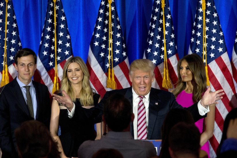 Republican presidential candidate Donald Trump is joined by his wife Melania daughter Ivanka and son-in-law Jared Kushner as he speaks during a news conference at the Trump National Golf Club Westchester Tuesday