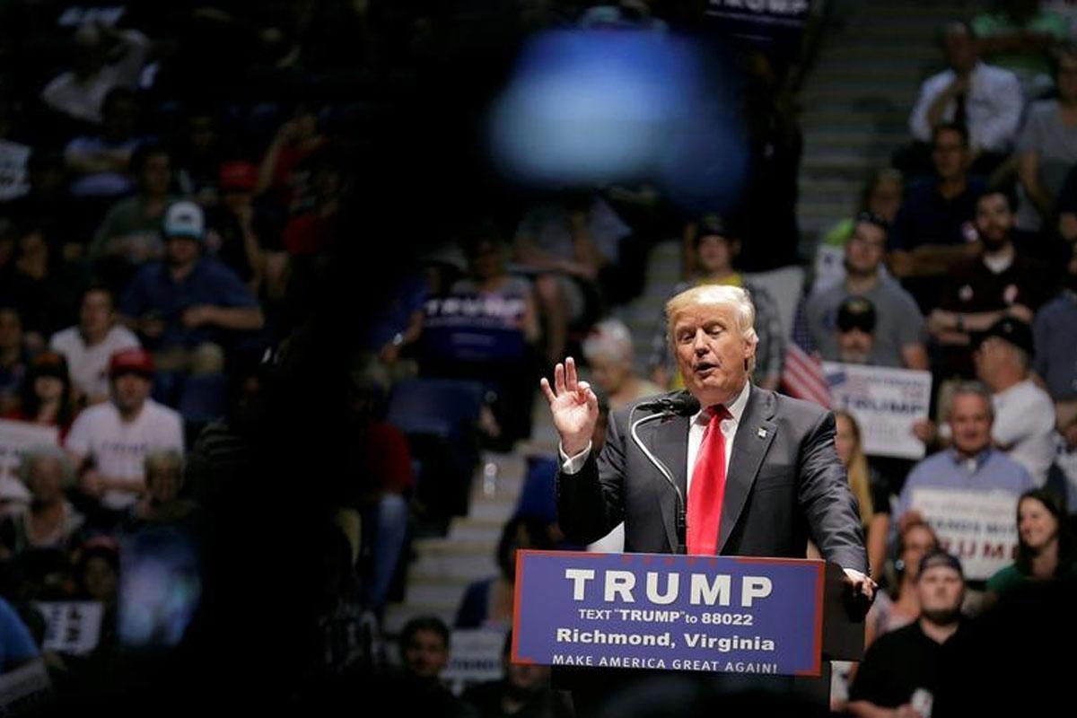 Republican US presidential candidate Donald Trump speaks at a campaign rally at the Richmond Coliseum in Richmond Virginia