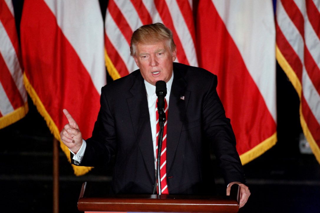 Republican presidential candidate Donald Trump addresses an audience at The Fox Theatre in Atlanta Ga. on Wednesday