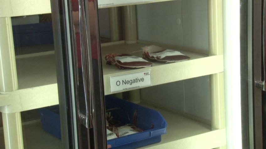 Two O Negative packets sit on the shelf inside the United Blood Services of Arizona