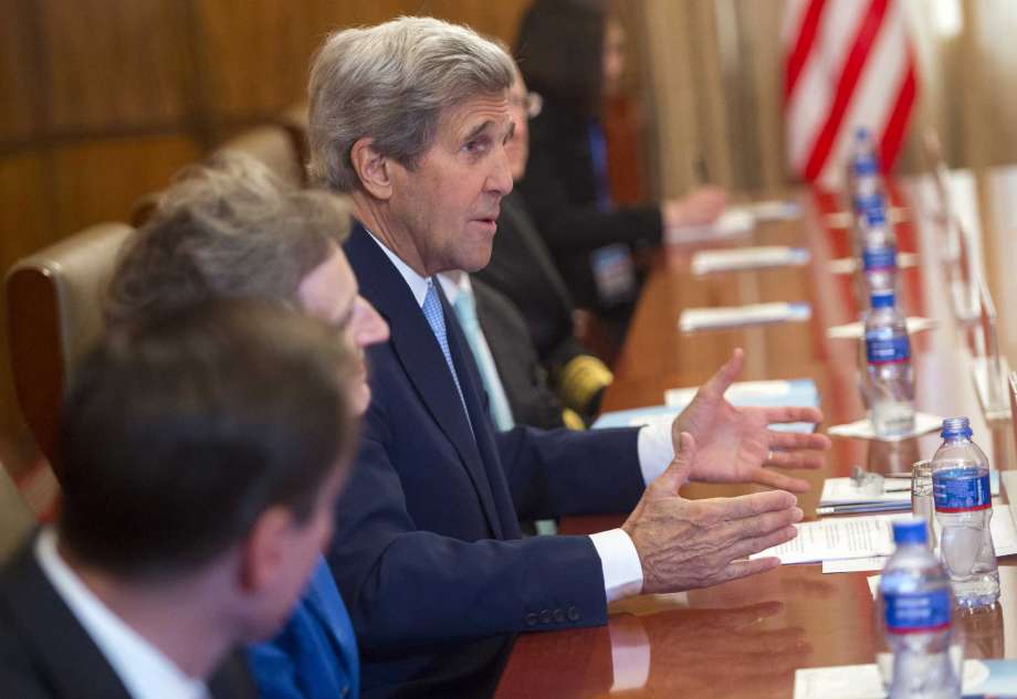 US Secretary of State John Kerry speaks during a meeting with Mongolian Foreign Minister Lundeg Purevsuren at the Ministry of Foreign Affairs in Ulaanbaatar Mongolia