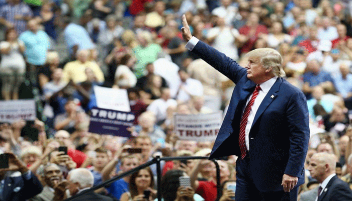 US Republican presidential candidate Donald Trump speaks at a campaign rally in San Jose California US