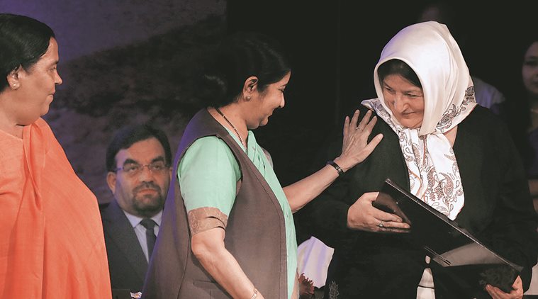 Union ministers Sushma Swaraj and Uma Bharti with an Afghan delegate in New Delhi Wednesday