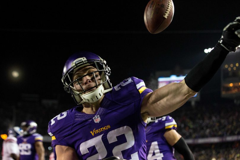 Dec 27 2015 Minneapolis MN USA Minnesota Vikings safety Harrison Smith celebrates his interception for a touchdown during the second quarter against the New York Giants at TCF Bank Stadium. Mandatory Credit Brace Hemmelgarn-USA TODAY Sports