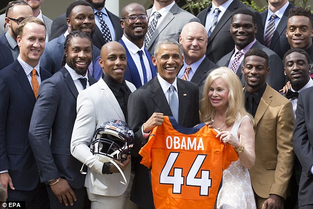 President Barack Obama welcomed the Denver Broncos to the White House lawn Monday in celebration of their spectacular Super Bowl 50 win. Right of Obama Annabel Bowlen wife of Broncos owner Pat Bowlen