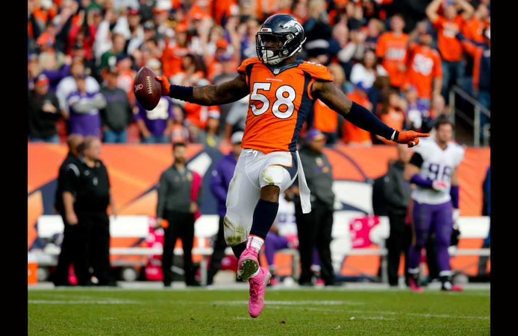 Denver Broncos outside linebacker Von Miller celebrates after sacking Minnesota Vikings quarterback Teddy Bridgewater during an NFL football game in Denver