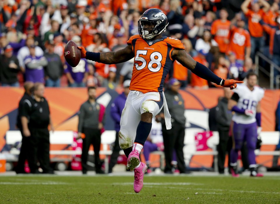 Denver Broncos outside linebacker Von Miller celebrates after sacking Minnesota Vikings quarterback Teddy Bridgewater during an NFL football game in Denver. A person familiar with the matter tells The Assoc