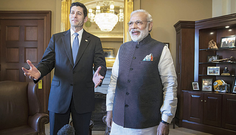 WASHINGTON Indian Prime Minister Narendra Modi is welcomed on Capitol Hill yesterday. —AP