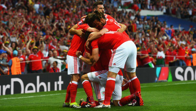 Wales celebrate their opener in Toulouse