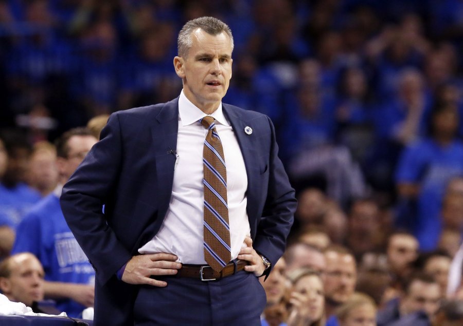 Oklahoma City Thunder head coach Billy Donovan watches action against the Oklahoma City Thunder during the first half in Game 6 of the NBA basketball Western Conference finals in Oklahoma City Saturday