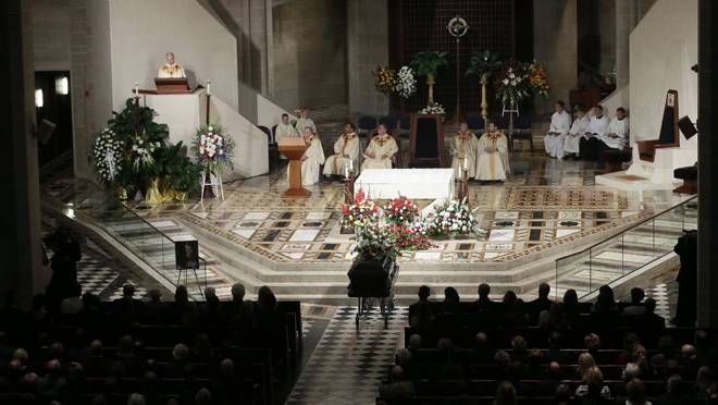 Interior of the Cathedral of the Most Blessed Sacrament during the funeral for late hockey legend Gordie Howe Wednesday in Detroit