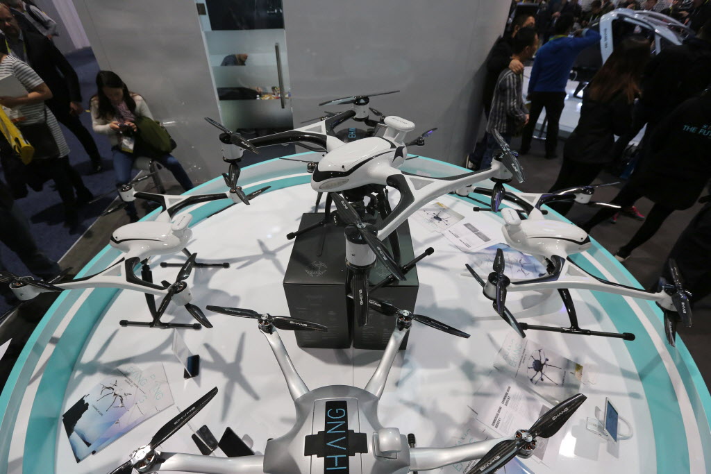 7 2016 shows EHang commercial drones Series V.1 and Series V.2, which has a GPS unit attached displayed at the CES 2016 Consumer Electronics Show in Las Vegas Nevada