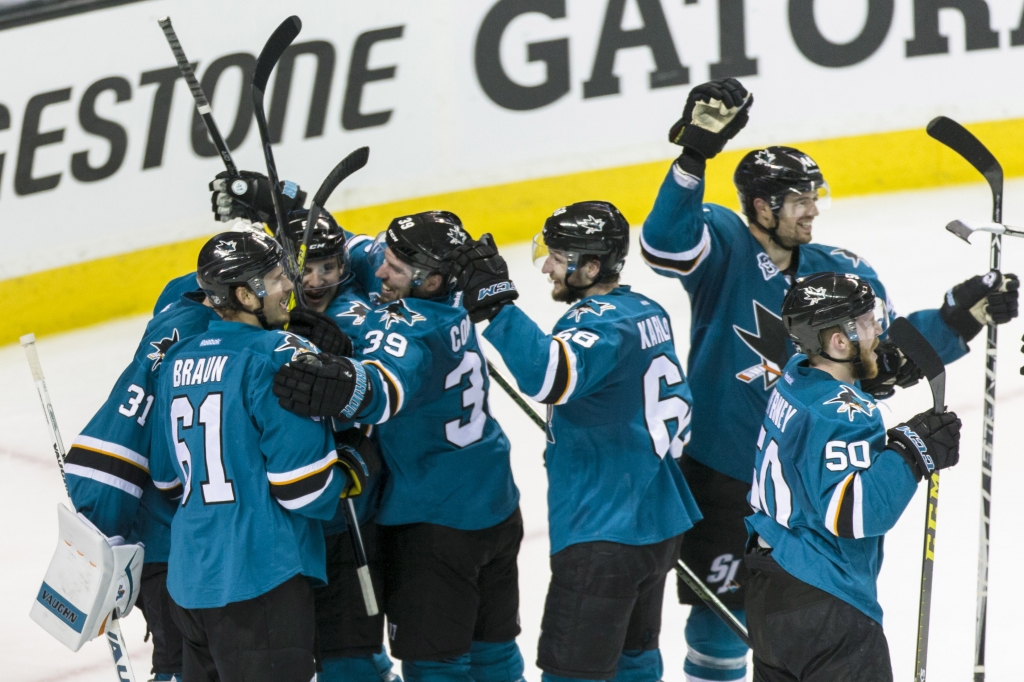 San Jose CA USA The San Jose Sharks celebrate their win over the St. Louis Blues in game six in the Western Conference Final of the 2016 Stanley Cup Playoffs at SAP Center at San Jose. The Sharks won 5-2. Mandatory Credit John Hefti-U