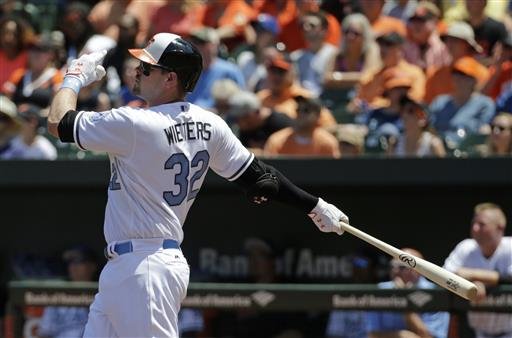 Baltimore Orioles Matt Wieters watches his two-run home run in the first inning of a baseball game against the Toronto Blue Jays in Baltimore Sunday