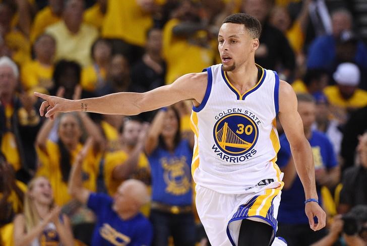 Oakland CA USA Golden State Warriors guard Stephen Curry 30 reacts after a play during the first quarter against the Cleveland Cavaliers in game two of the NBA Finals at Oracle Arena Kyle Terada USA TODAY Sports