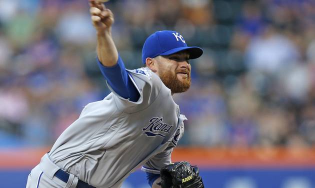 Kansas City Royals starting pitcher Ian Kennedy delivers during the first inning of a baseball game against the New York Mets Tuesday