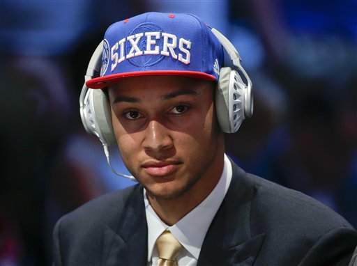 Ben Simmons answers questions during an interview after being selected as the number one pick overall by the Philadelphia 76ers during the NBA basketball draft Thursday