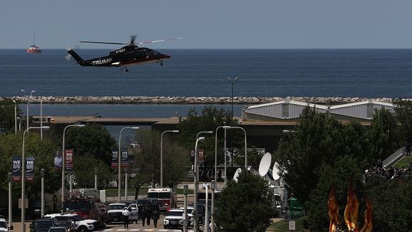 A helicopter carrying Donald Trump lands at the Great Lakes Science Center