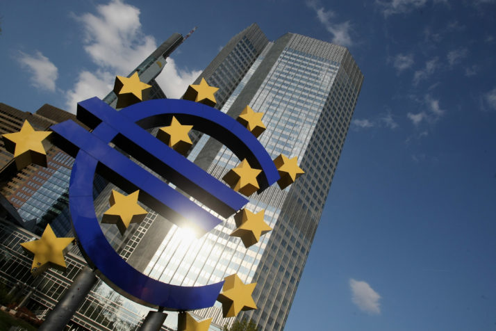 A huge euro logo stands in front of the headquarters of the European Central Bank in Frankfurt | Ralph Orlowski  Getty Images