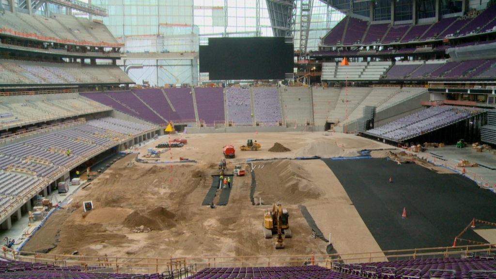 A look at the main board on the west end of U.S. Bank Stadium in downtown Minneapolis