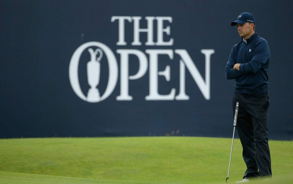 Jordan Spieth of the United States wait for his playing partners to play on the 18th green during the second round of the British Open Golf Championship at the Royal Troon Golf Club in Troon Scotland Friday