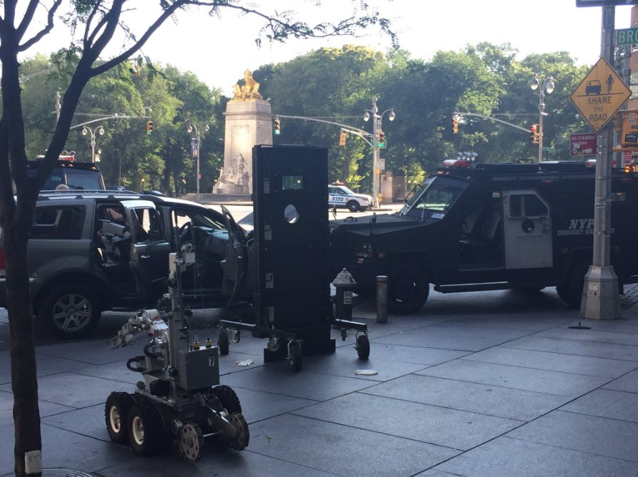 A vehicle used during a Columbus Circle standoff bomb robot and bear cat armored vehicle are