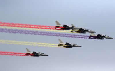 ACROBATIC South Korean Air Force F-15K fighter jets manufactured by Boeing perform manoeuvres during a display