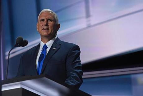 Vice presidential candidate Mike Pence acknowledges the audience at the end of the third day of the Republican National Convention