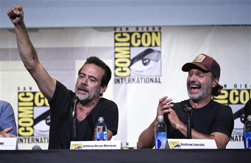 Jeffrey Dean Morgan left and Andrew Lincoln attend'The Walking Dead panel on day 2 of Comic Con International on Friday