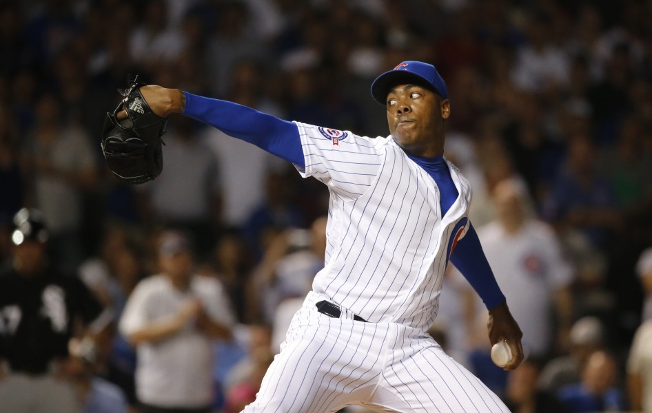 Chicago Cubs relief pitcher Aroldis Chapman delivers during the ninth inning of a baseball game against the Chicago White Sox on Wednesday